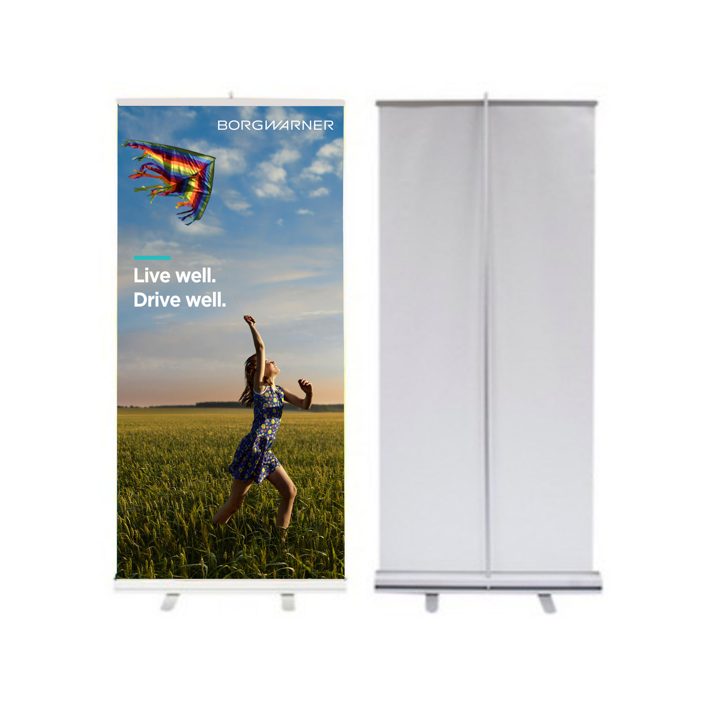 LIVE WELL. DRIVE WELL. - ROLL RETRACTABLE BANNER STAND W/ GRAPHIC