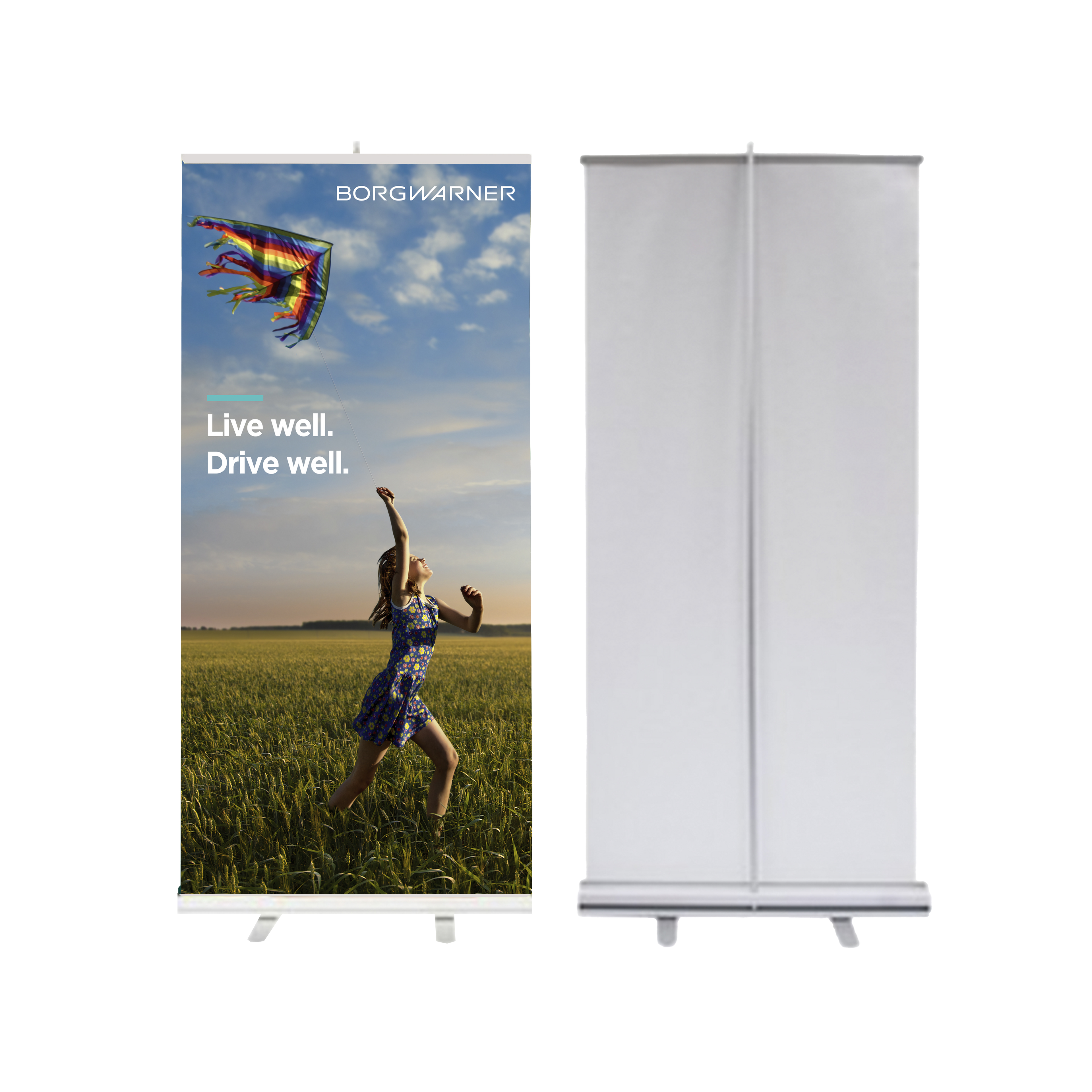 LIVE WELL. DRIVE WELL. - ROLL RETRACTABLE BANNER STAND W/ GRAPHIC